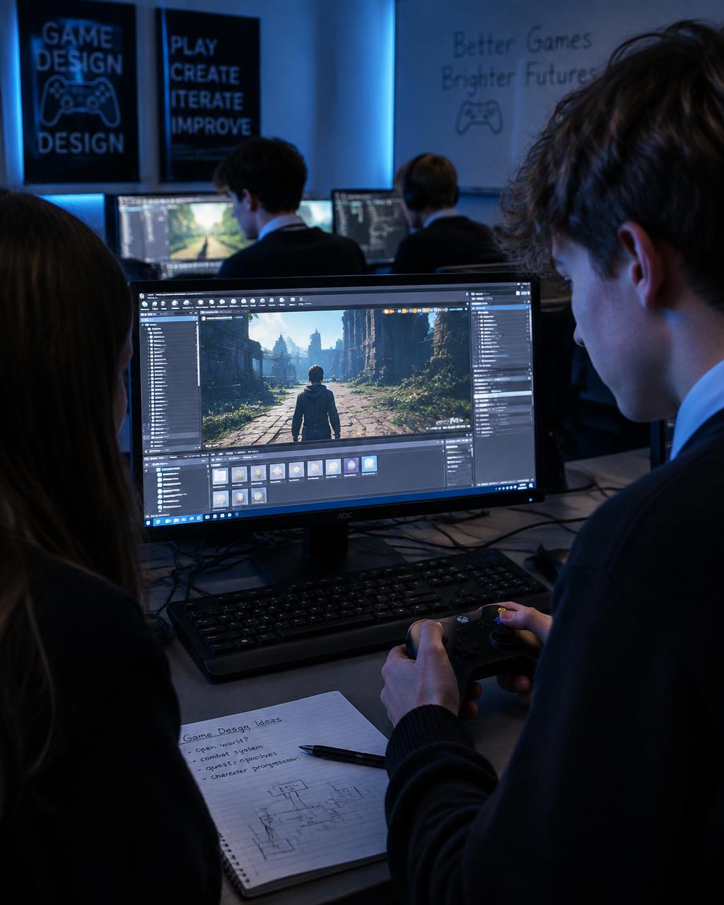 Games students working together in a creative classroom
