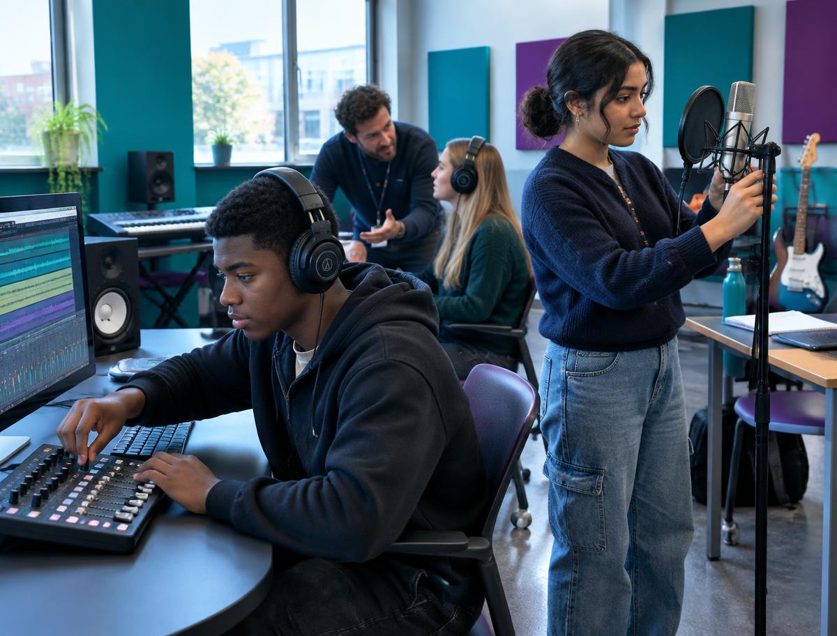 Students working with music production equipment and a studio microphone